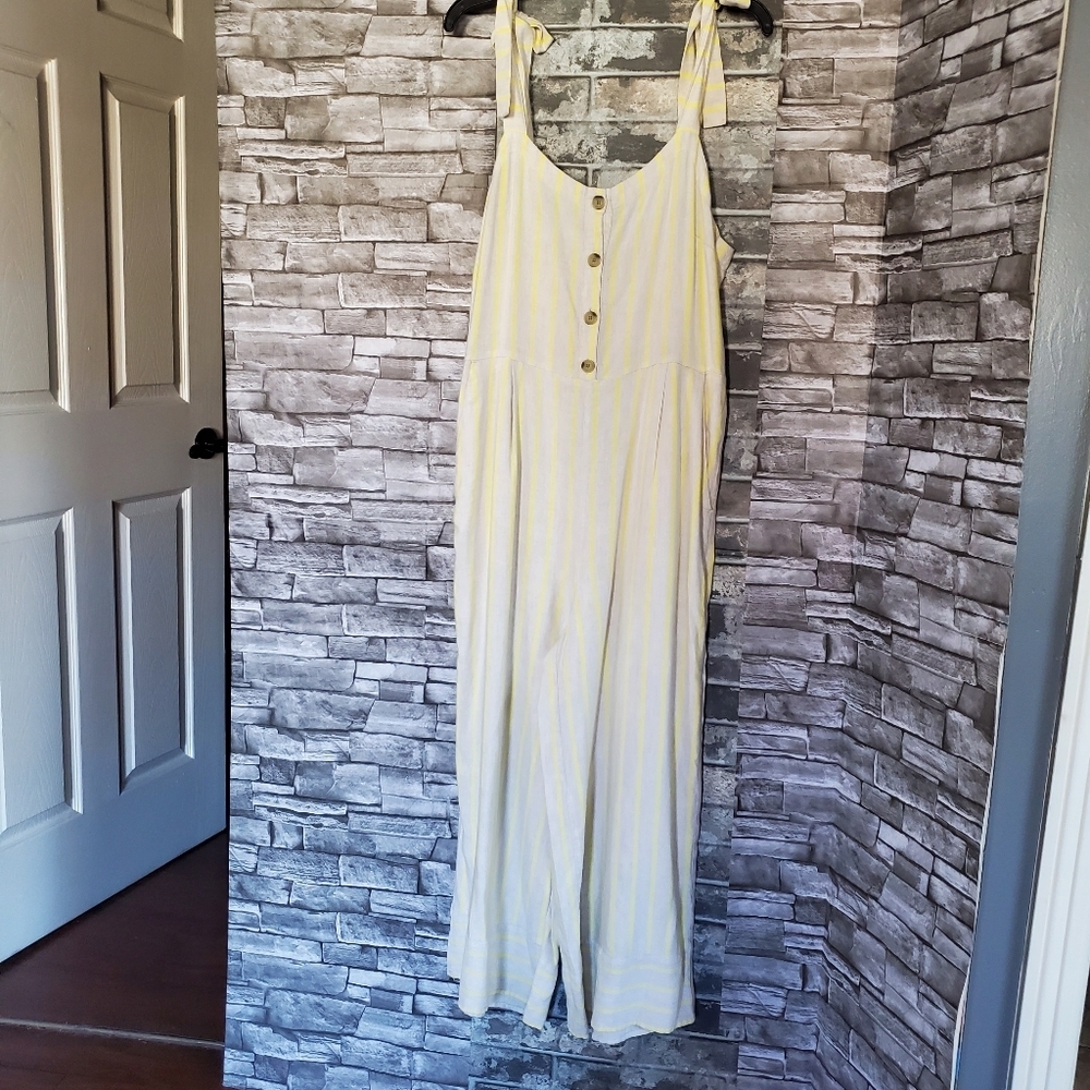 Loft Beach Romper Jumpsuit Size‎ L Striped Yellow Linen Blend Tie Strap Wide-leg